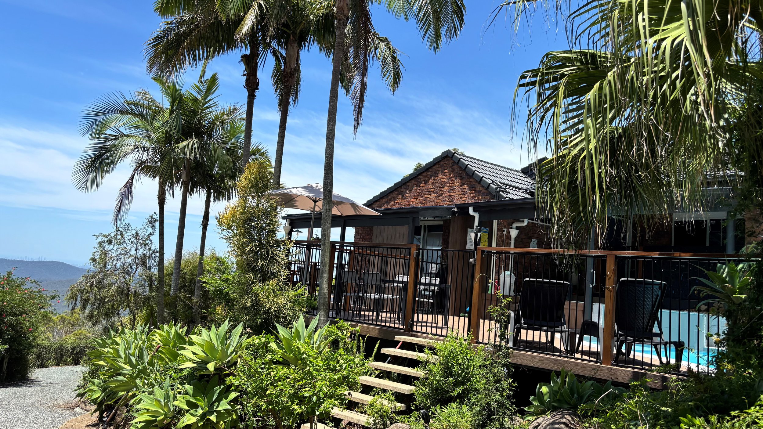 View of a house with a wooden deck surrounded by tropical plants and palm trees, with a swimming pool visible on the right side, under a clear blue sky.