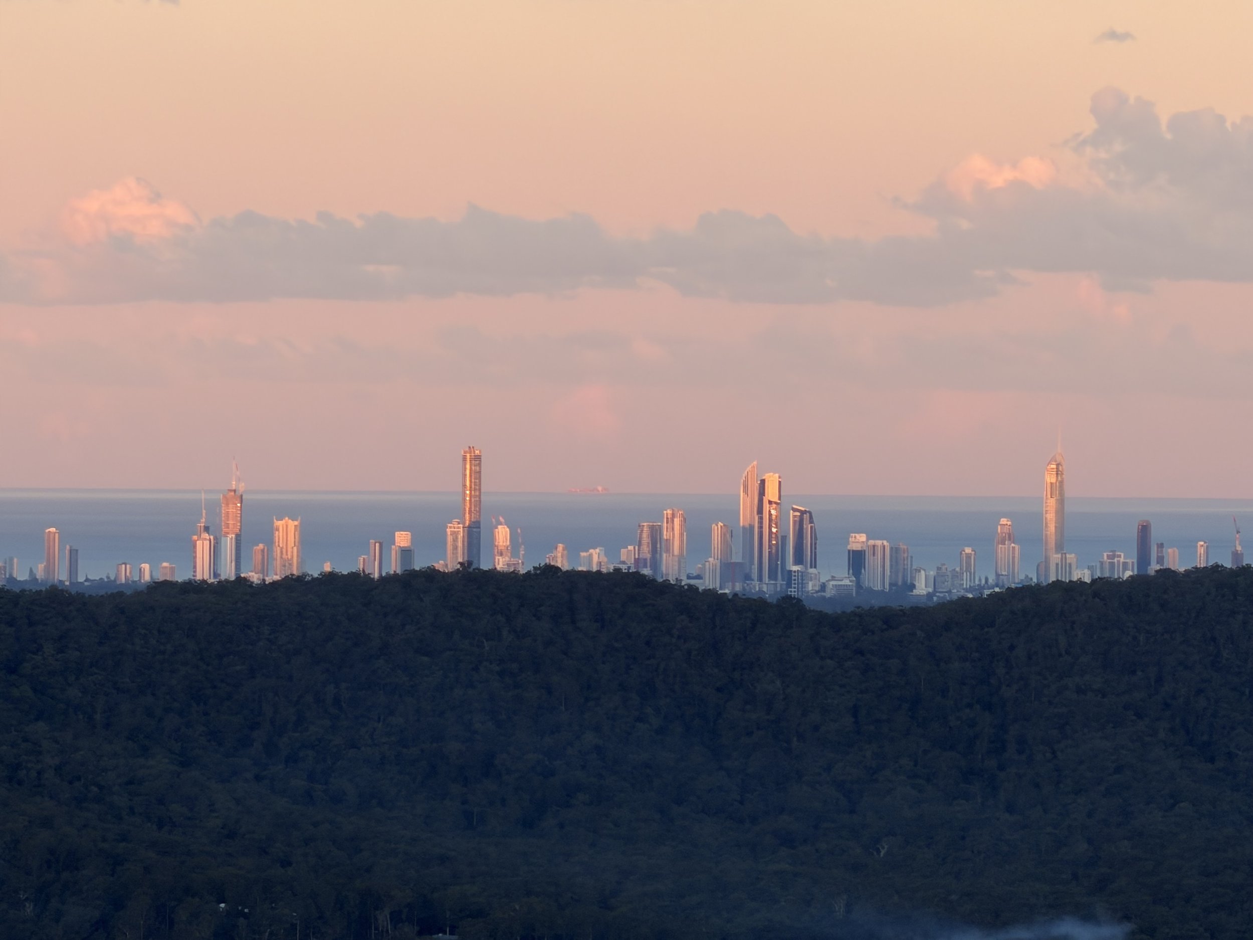 A city skyline at sunset with tall buildings, a body of water in the background, and a forest in the foreground.