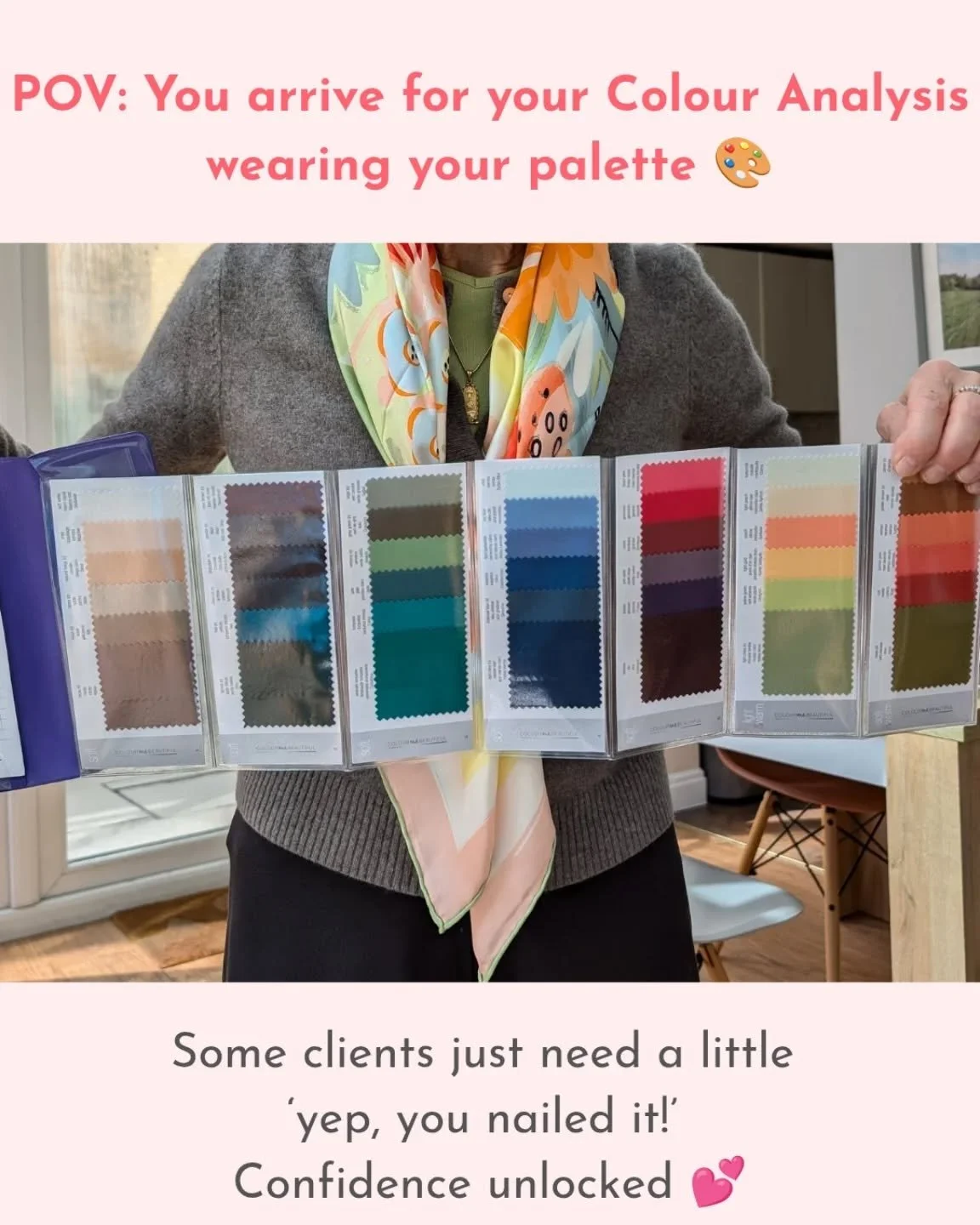 Some people find their Colour Analysis is a huge revelation, while for others it's about reassurance. 

My lovely client Rita (camera-shy!) arrived already glowing in her palette, and all I had to do was confirm it. She was delighted that her instinc