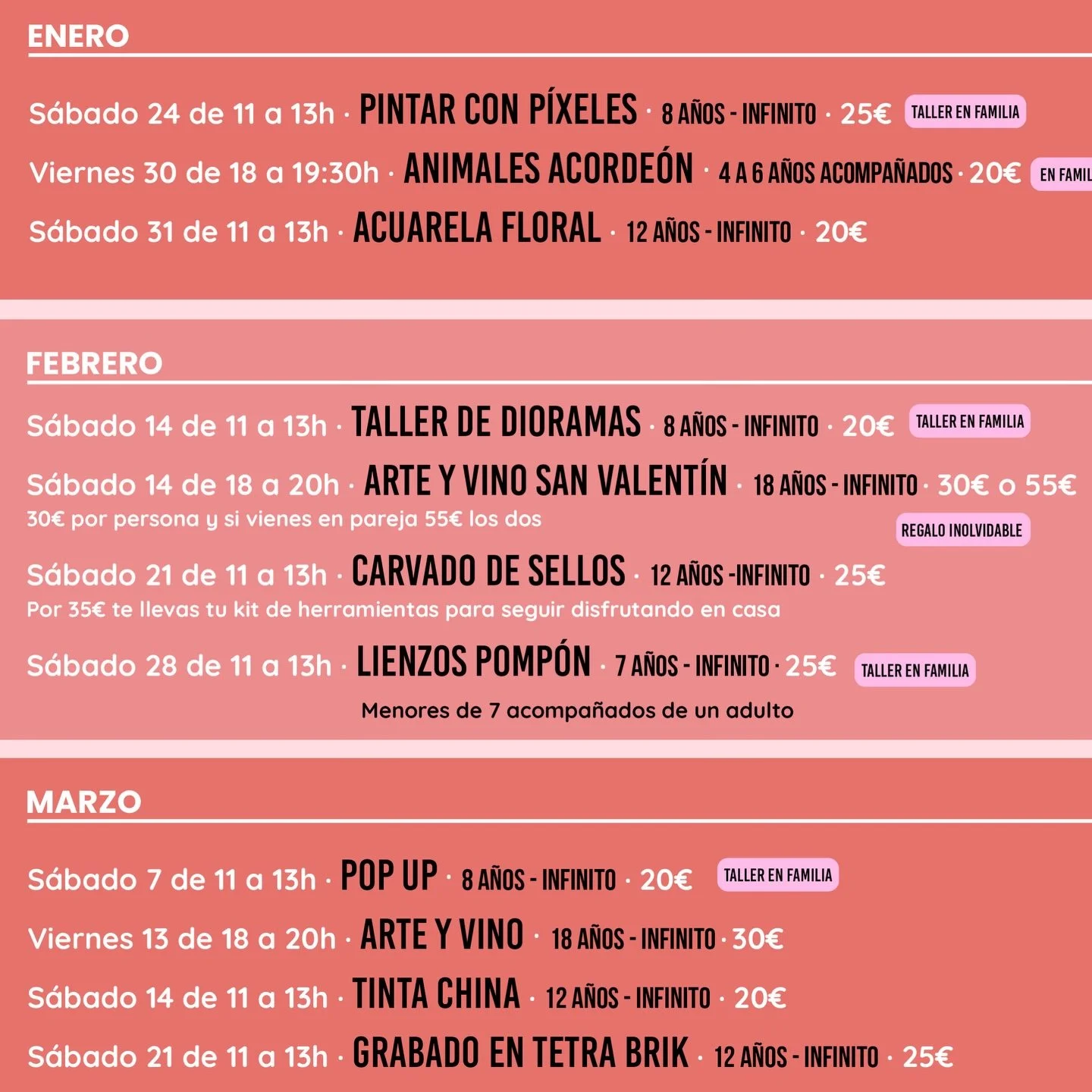 Aqu&iacute; os dejamos un avance de la 

🎨 PROGRAMACI&Oacute;N DE TALLERES ART&Iacute;STICOS Y CREATIVOS para los meses de 

🗓️ ENERO - FEBRERO - MARZO 

en el estudio de arte INFINITO de 🏡DOS HERMANAS

Para NI&Ntilde;OS, J&Oacute;VENES, ADULTOS Y