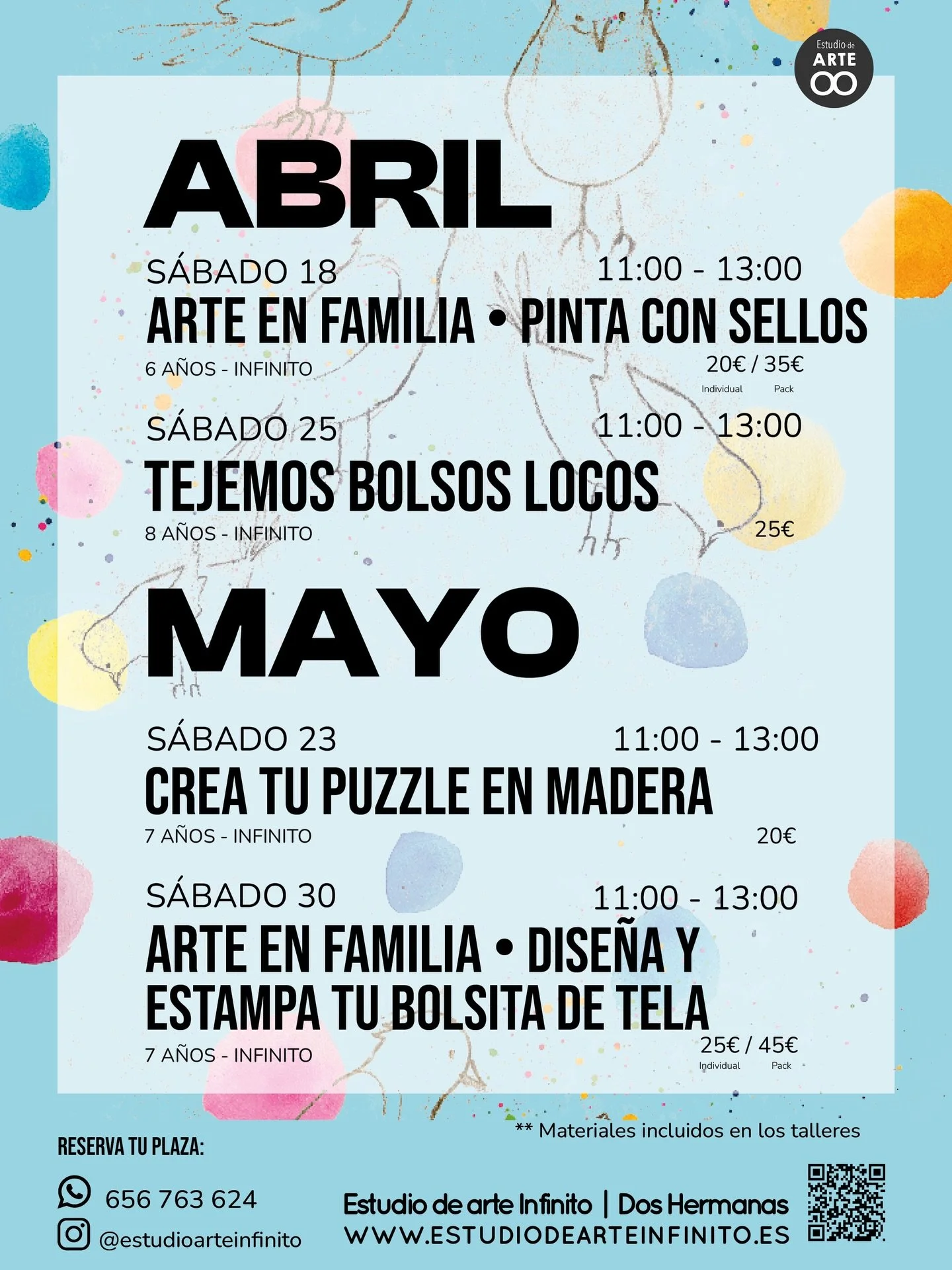 Ya tenemos nuestros TALLERES DE ARTE para los meses de ABRIL y MAYO en DOS HERMANAS ✨🎨🧡

🖌️ Pinta tu paisaje con sellos &middot; ARTE EN FAMILIA
S&aacute;bado 18 de abril de 11-13h
6 a&ntilde;os - infinito 
20&euro; / 35&euro;
Crearemos nuestros p