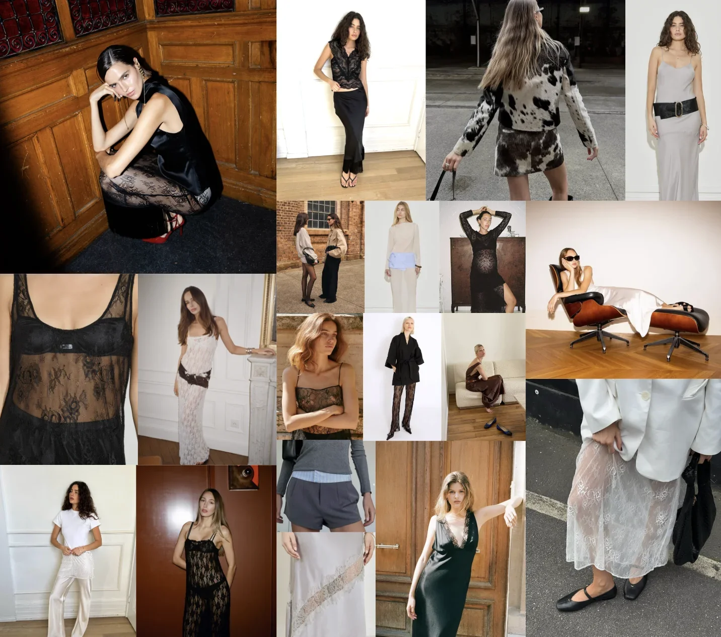 Maison Essentiele collection featuring lace dresses, satin separates, soft tailoring and elevated evening wear.