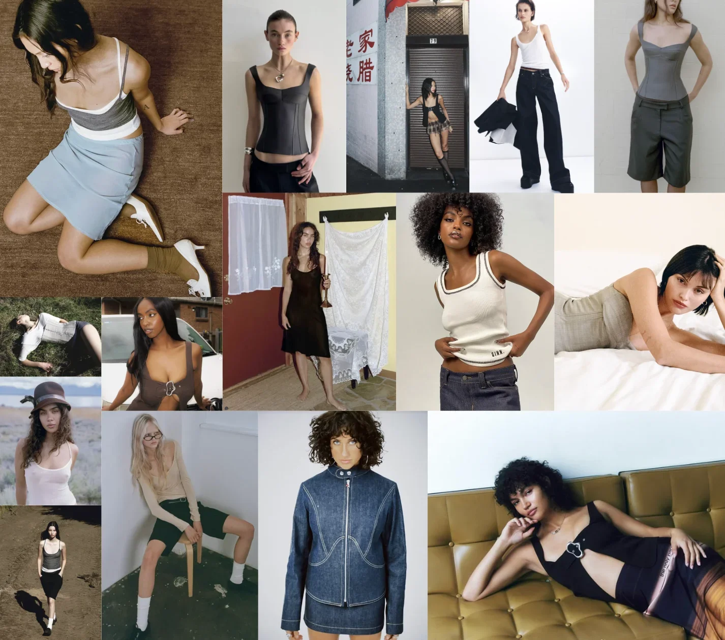 Anna Quan fashion collage featuring modern tailoring, corset-inspired tops, denim and understated everyday pieces.