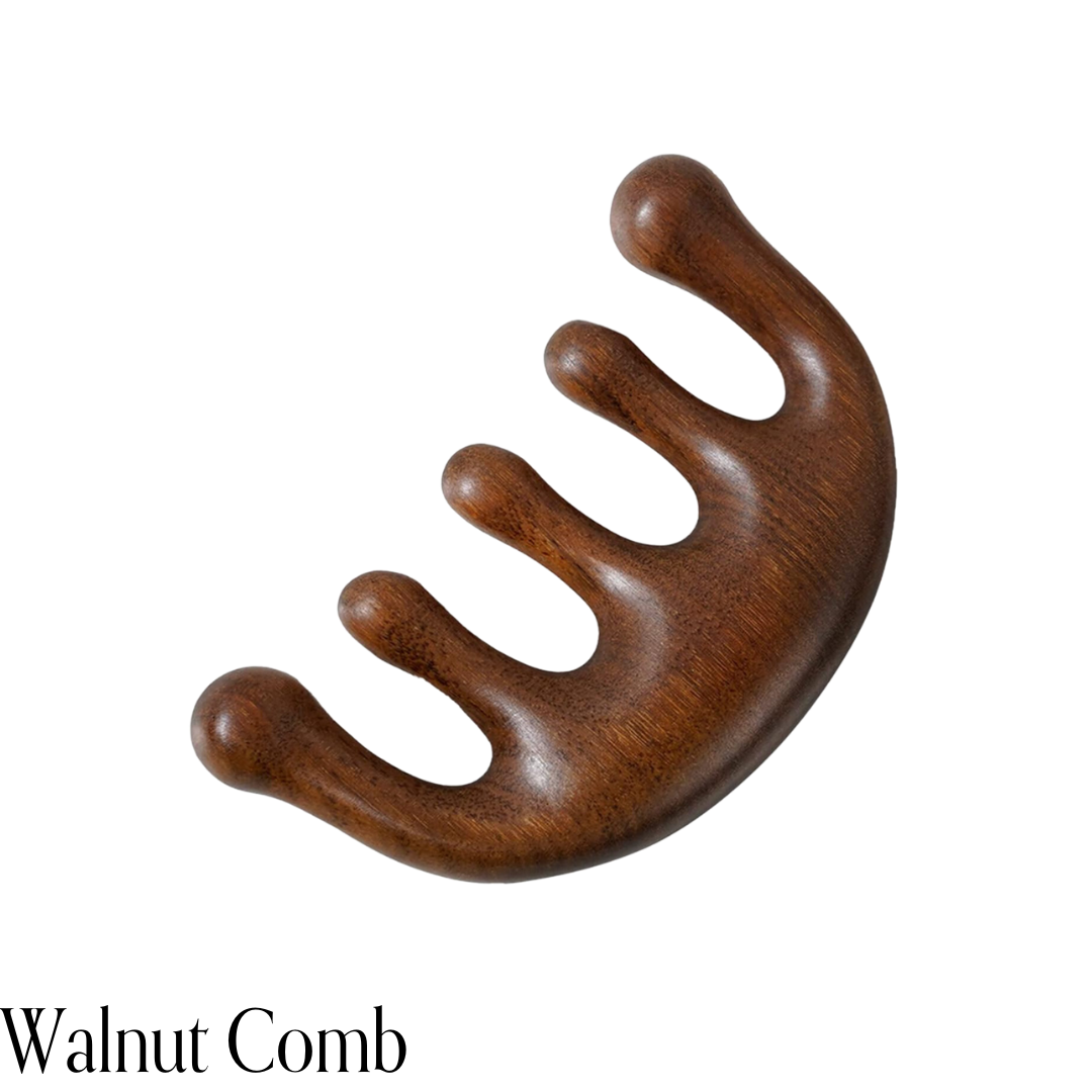 Wooden massage tool with a curved handle and four rounded prongs.