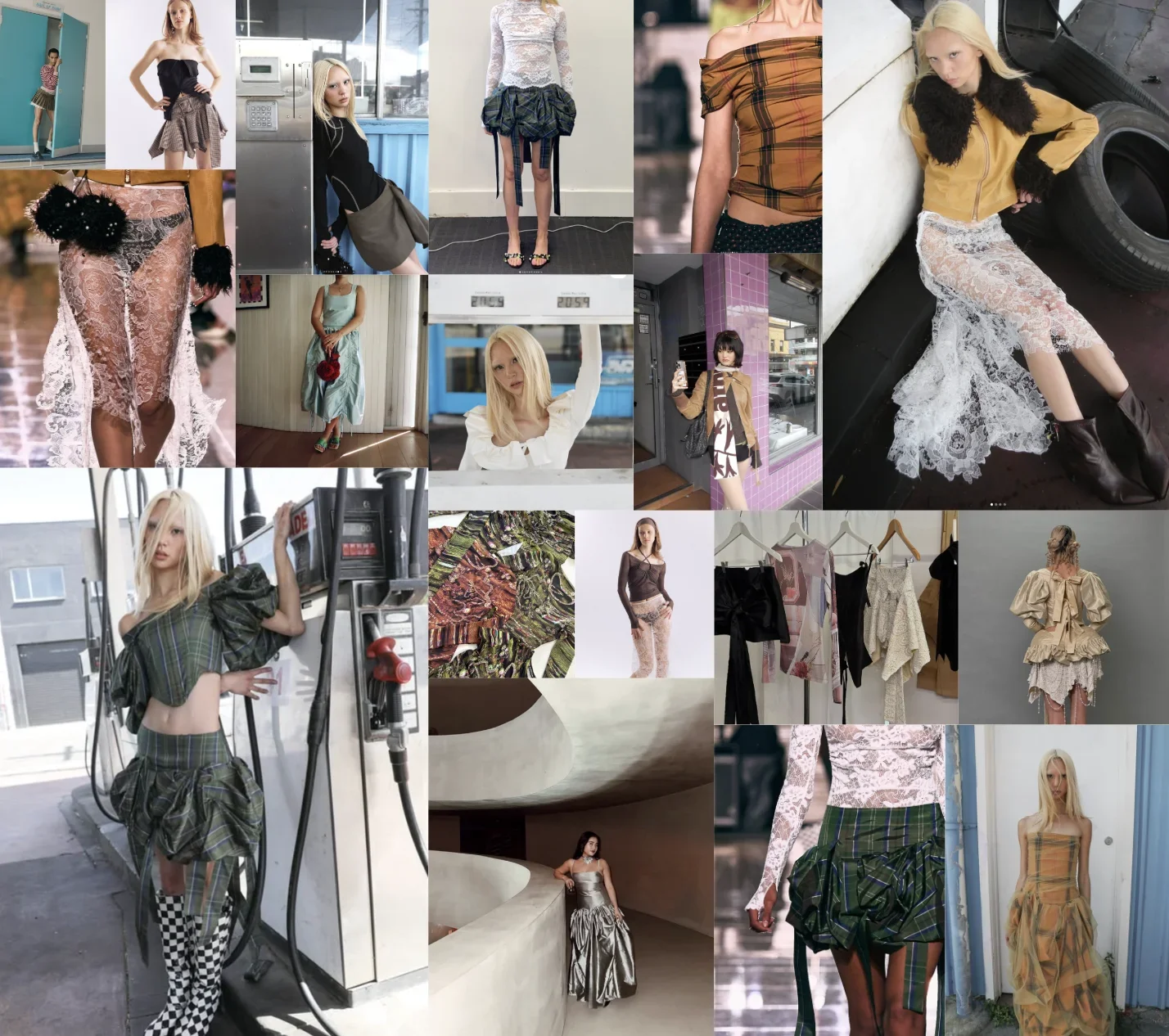 Lucinda Babi fashion collage featuring romantic lace, tartan, voluminous skirts and expressive handmade silhouettes.