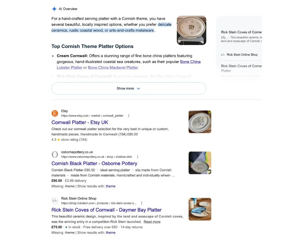 Example of google search results when searching for a handmade gift