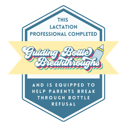 Badge with text about a lactation professional guided bottle breakthroughs program that helps parents with bottle refusal issues.