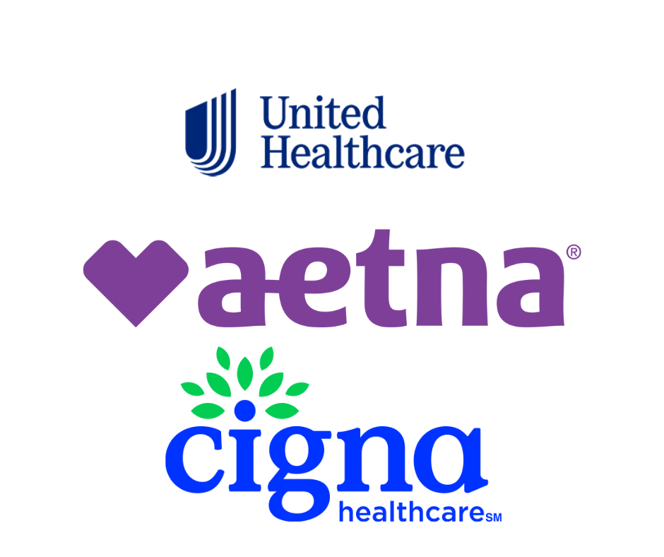 Logos of United Healthcare, Aetna, and Cigna healthcare companies on a white background.