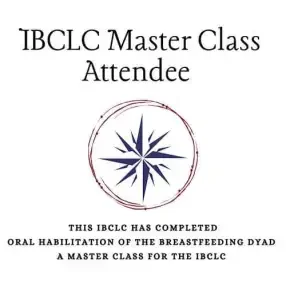 Text indicating an IBCLC Master Class Attendee certificate, stating completion of oral habilitation of breastfeeding dyad for the IBCLC.