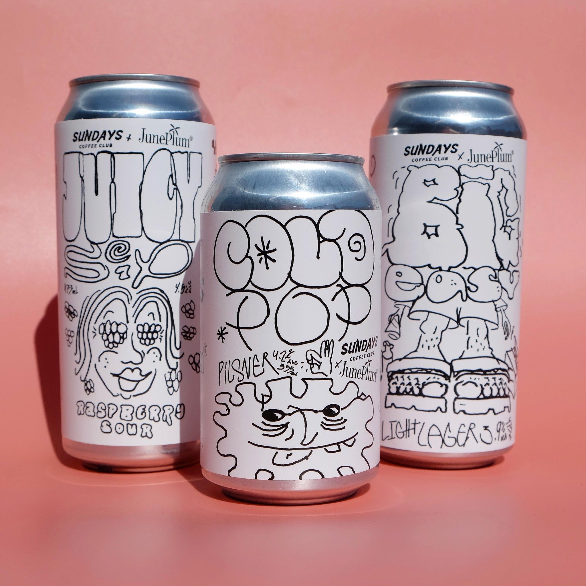 Now in shop AND at the ISO Caf&eacute;

JunePlum x @sundayscoffee.club collab BEER

🧃Juicy Sip// raspberry sour
❄️Cold Pop // classic pilsner
⭐️Big Easy // light lager 

✍️Label art by @no______e