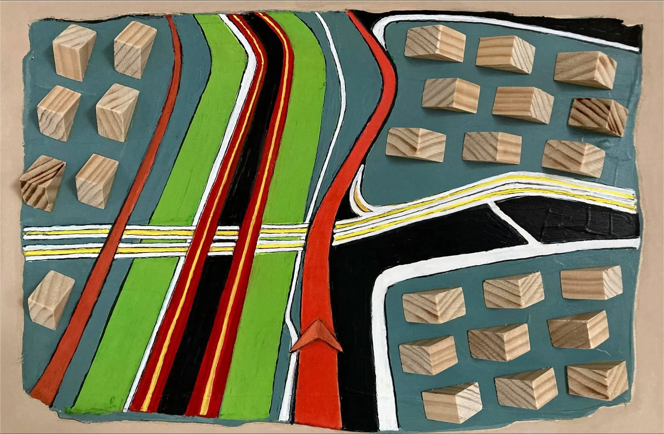 Freeway | assemblage/ink/paint | 18x12x2"