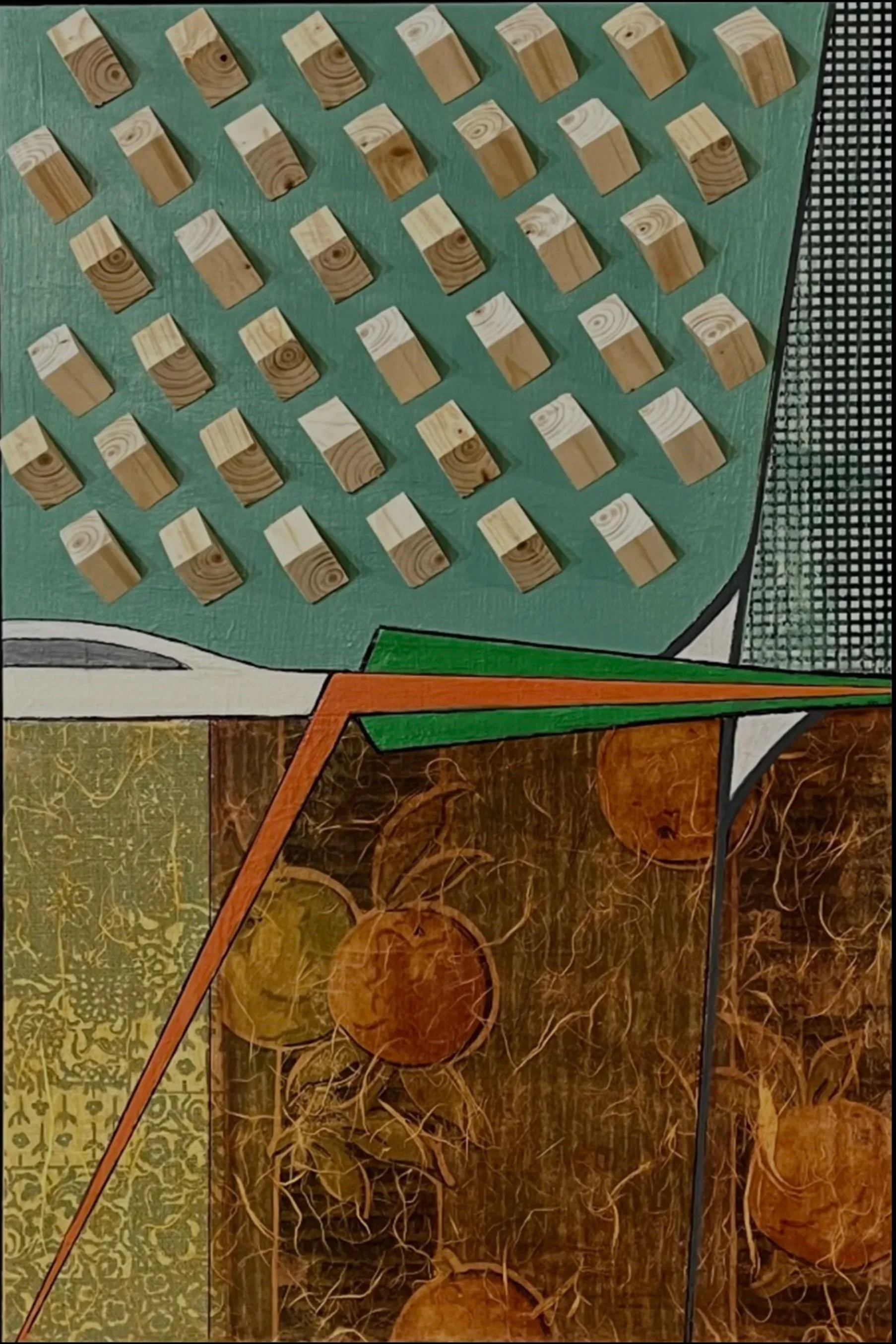 Coming Home | wallpaper, wood, pen, ink, paint | 12 x 18 x 1.5"