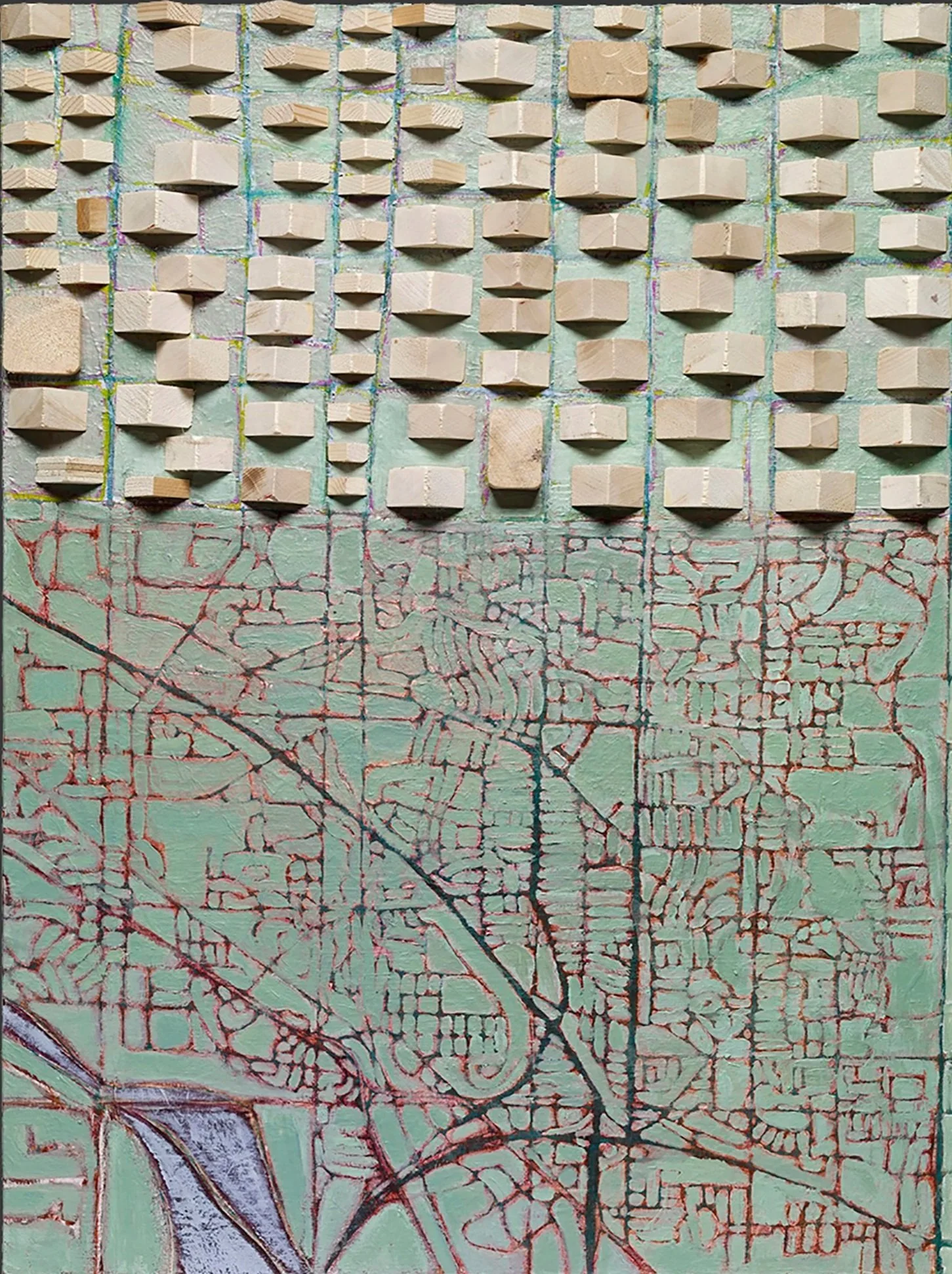 Build Baby Build 1 | assemblage/screen printed map/paint | 18x24x3"
