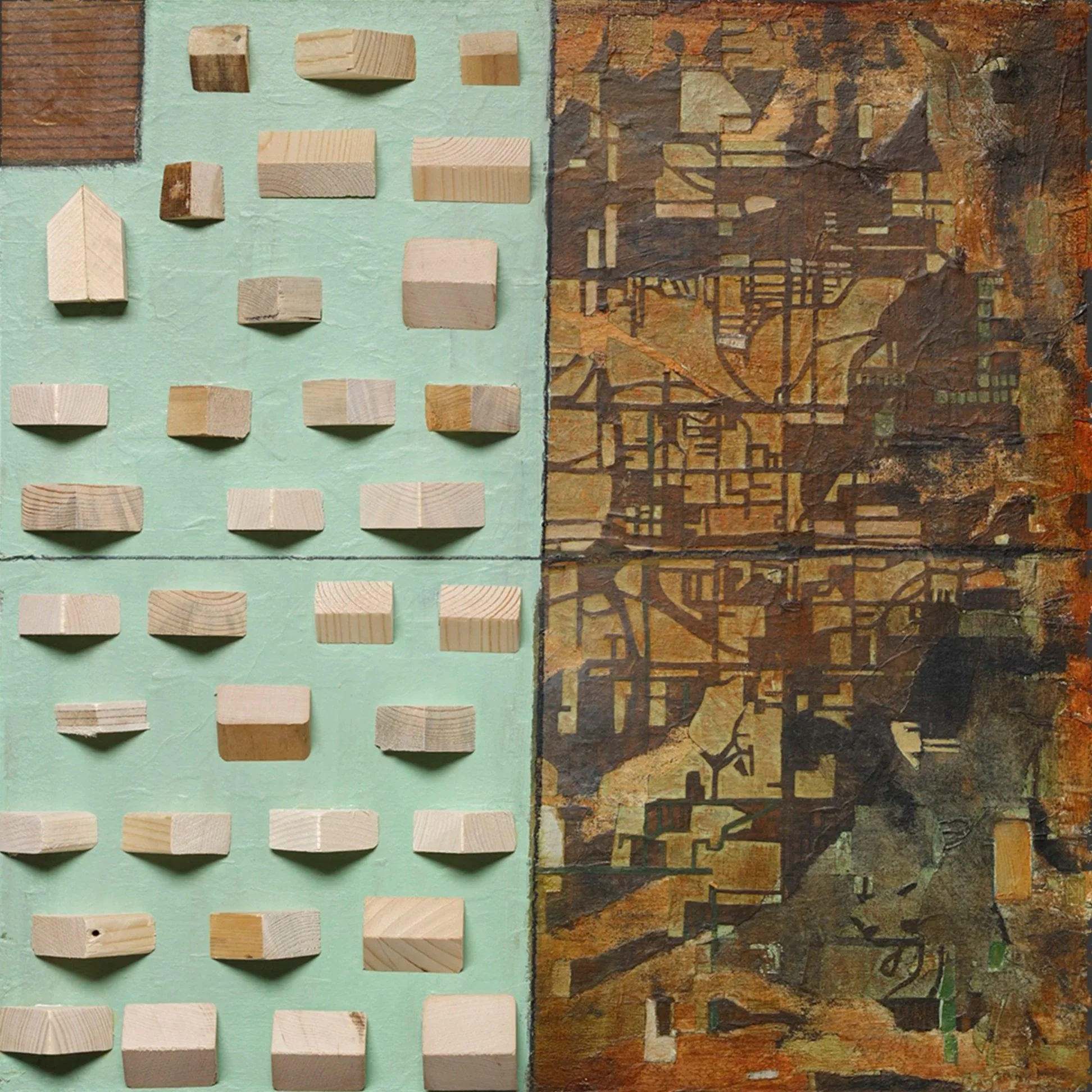 Excavation | acrylic, collage, wood on panel | 18 x 18 x 2"
