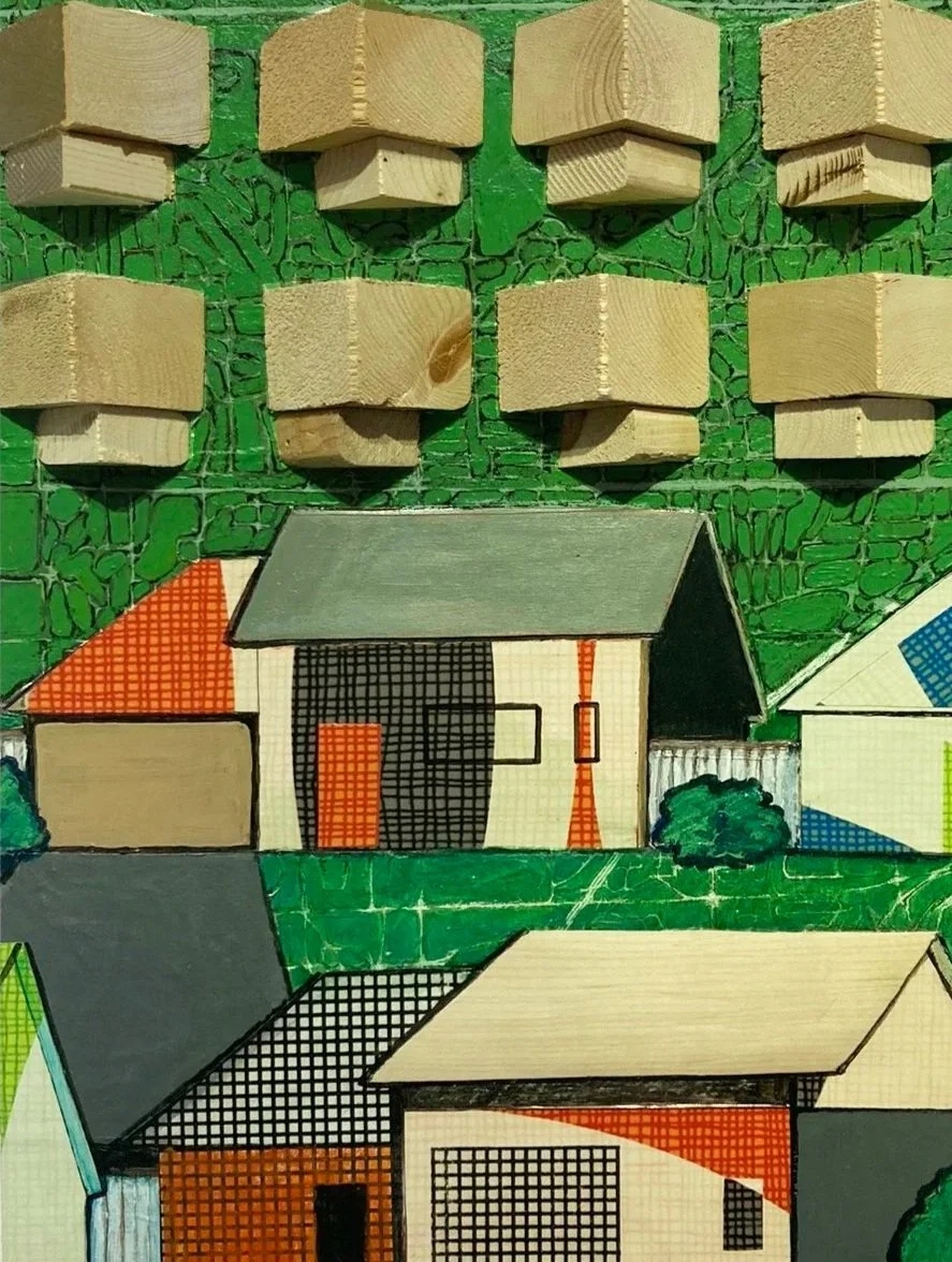 Ticky-Tacky | assemblage/ wallpaper/ink/paint | 12x16x3"