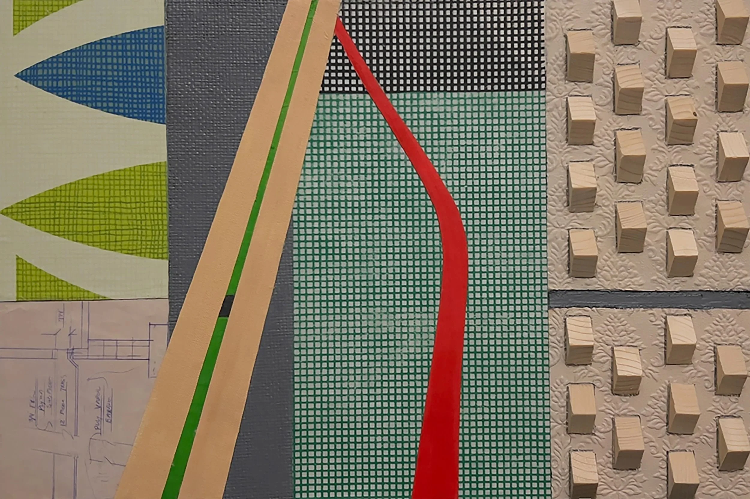 Uno, Dos, Tres | wood, wallpaper, screen print, paint on wood | 18 x 12 x 2"