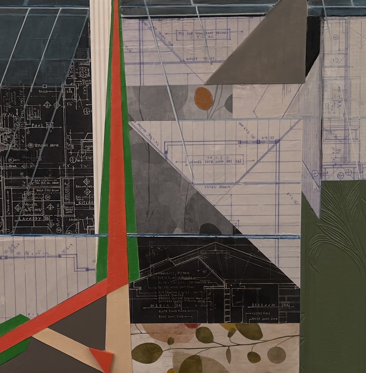 House Plans 2 | blueprints, wallpaper, paint on wood | 18 x 18 x 2"