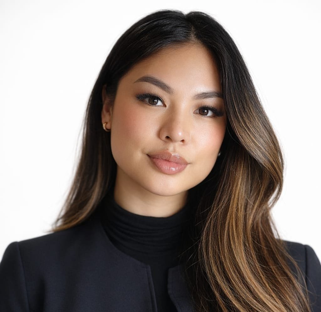 A portrait of a young woman with long, dark hair, wearing a black turtleneck and blazer, with a neutral expression against a white background.