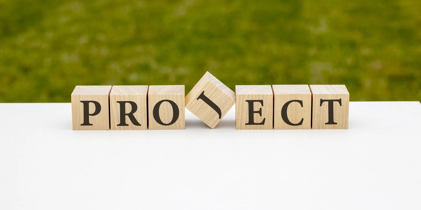 PROJECT written on wooden cubes on a light background.