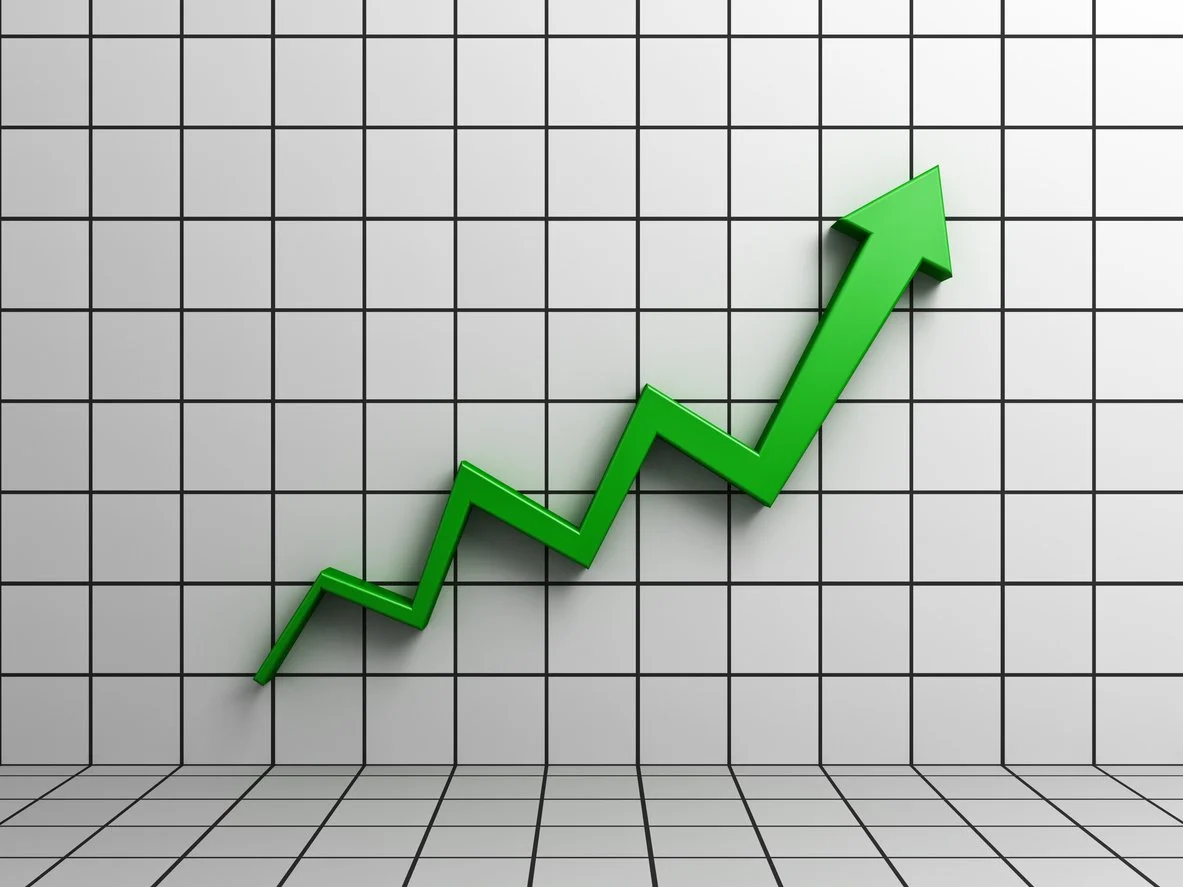 Front view of 3d green arrow line graph chart pointing up or moving upward successful business idea concepts isolated on grid graph table white background with shadow 3D rendering