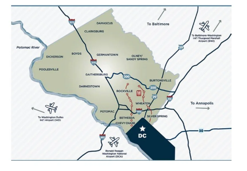 Map of the Washington D.C. area showing neighborhoods, highways, and routes to nearby airports and cities like Baltimore, Annopolis, and Washington Dulles Airport.