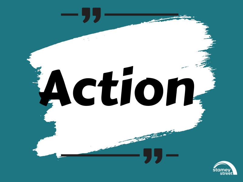 The word action on a teal background