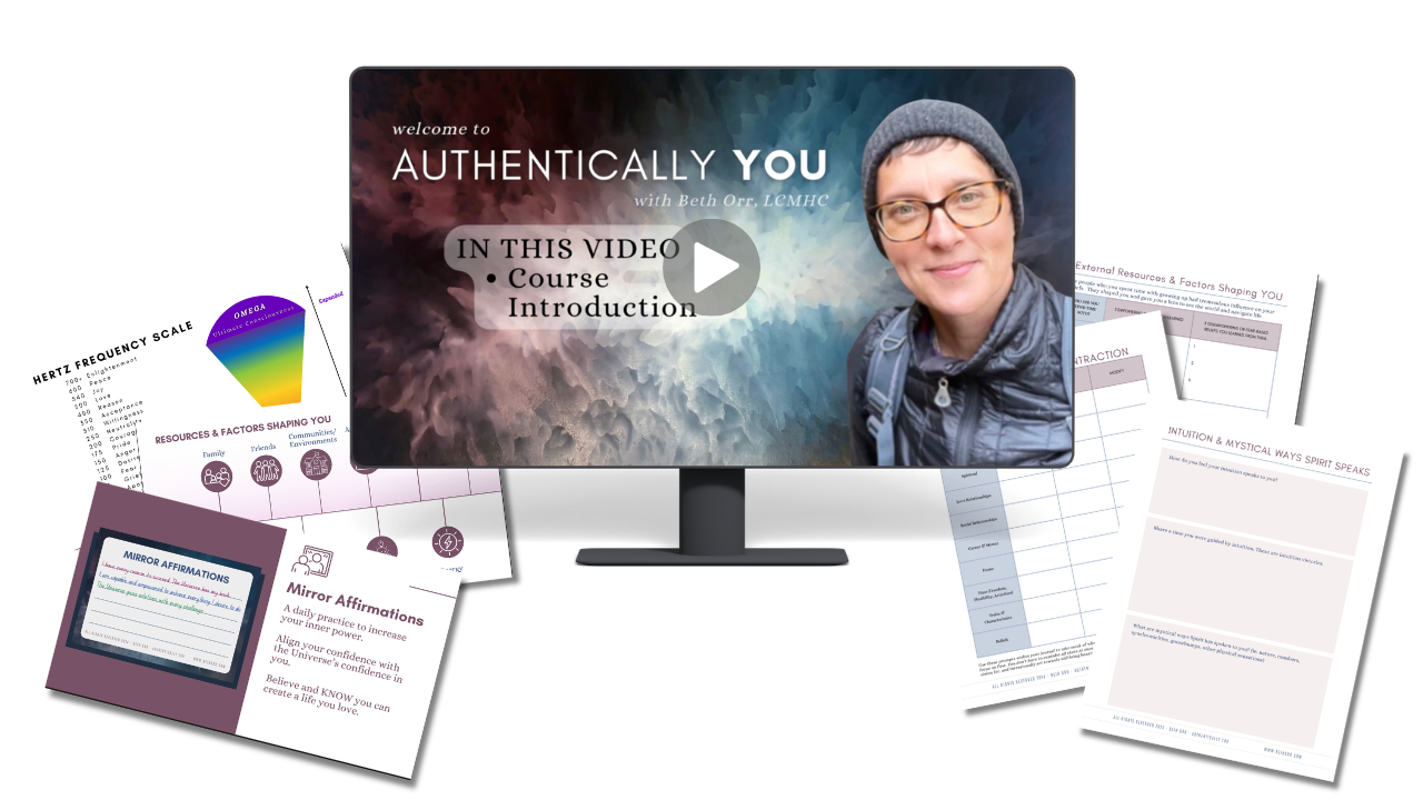 Computer showing Beth Orr's Authentically You course; computer is surrounded by worksheets and slides that are included in the program