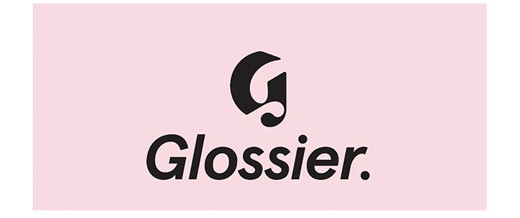 A pink rectangle with the black Glossier logo and the word 'Glossier' in bold font.