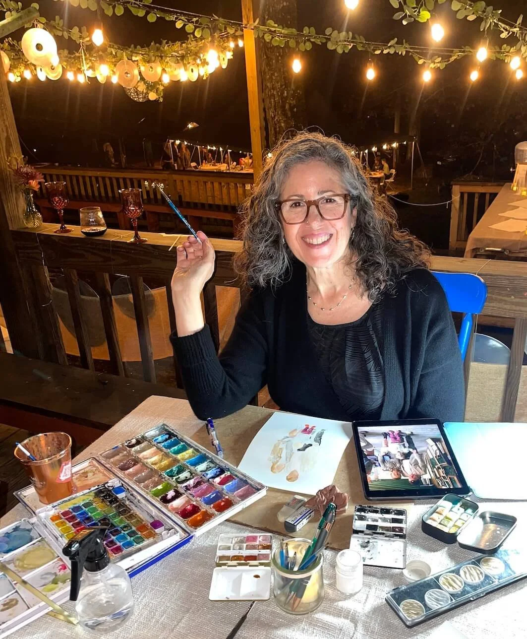 live watercolor guest painting near NYC outdoor wedding