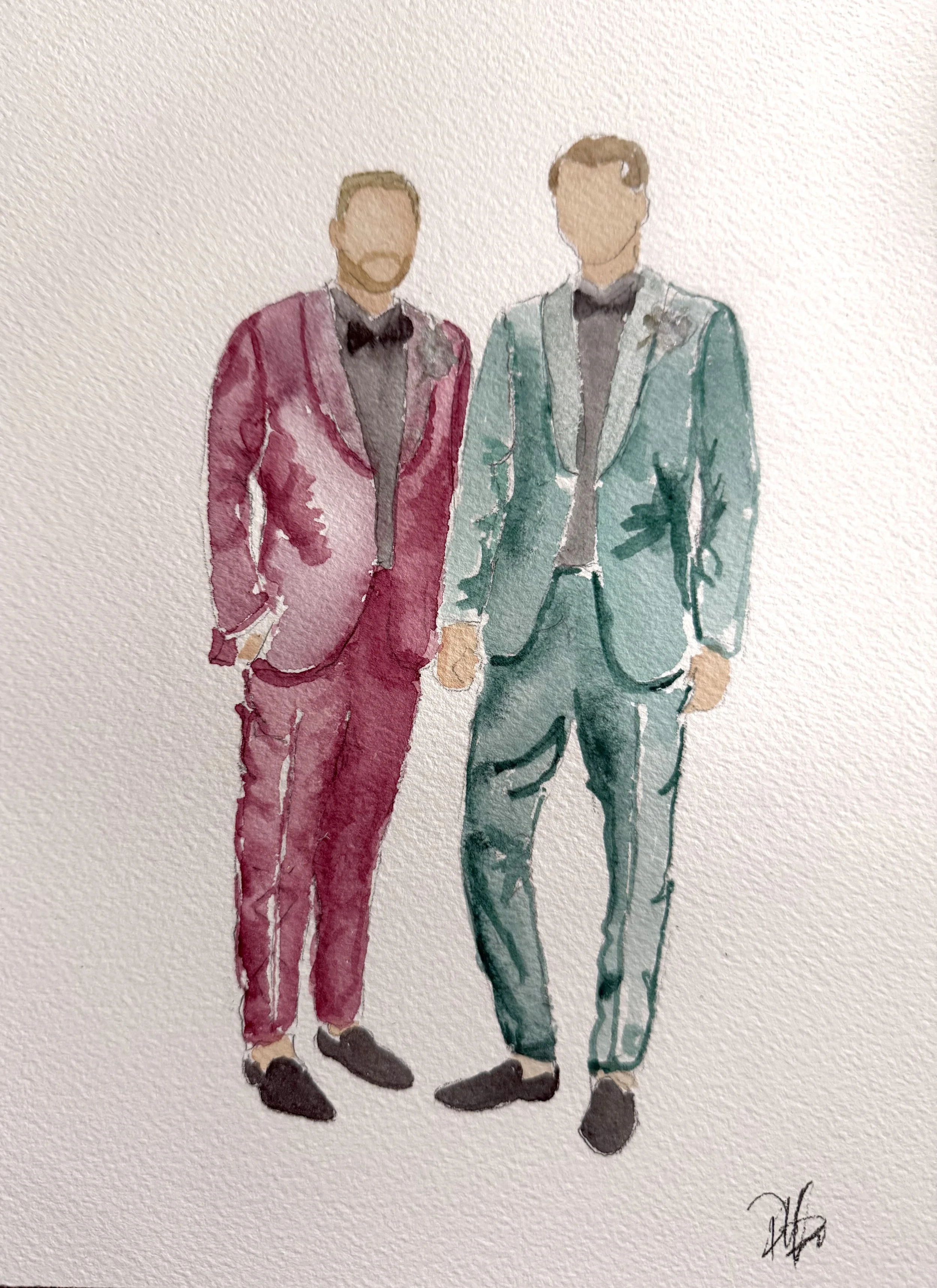 two men holding hands in formal suits 