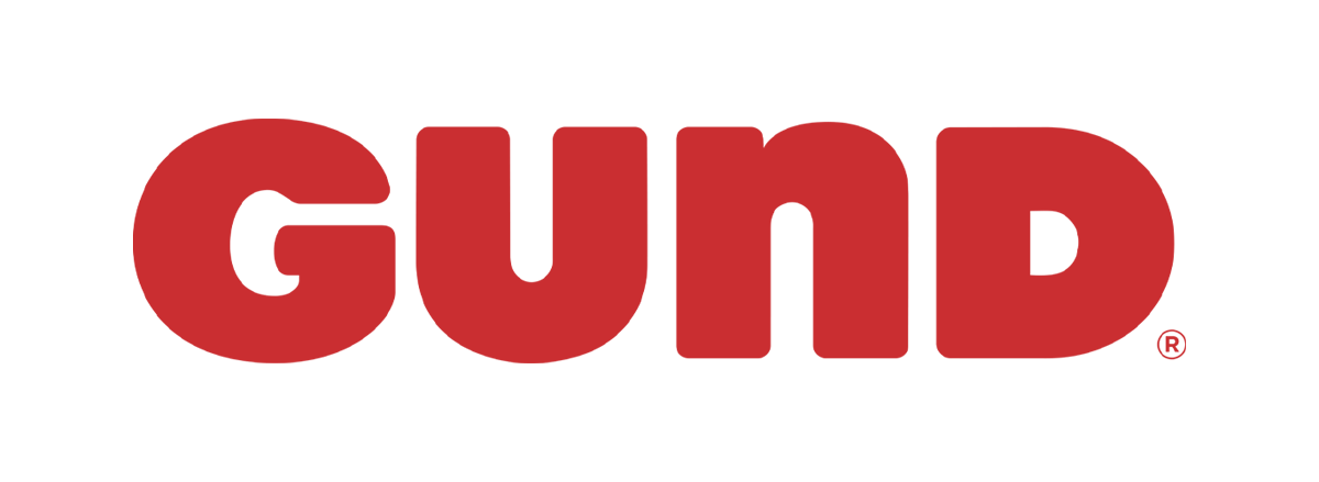 white rectangular banner with red text that says GUND