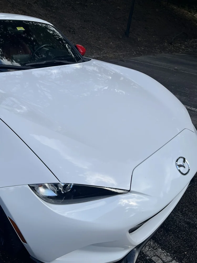 Glossy white Mazda hood after an exterior detail and wax