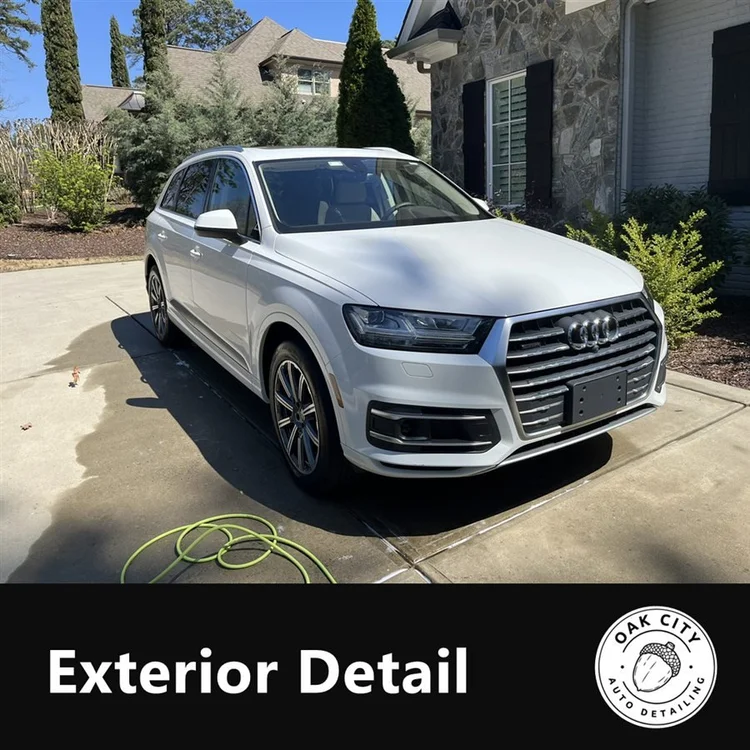 Exterior Detail: white Audi Q7 after an exterior detail at a Raleigh home