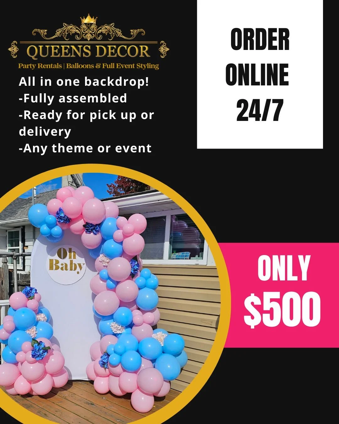 📸 Lights, camera, BEAUTIFUL ALL IN ONE BACKDROPS! ✨
Whether it&rsquo;s a birthday, prom, graduation, wedding, or corporate event&mdash;our professional all in one backdrop  take your event from simple to stunning.
Delivery, setup &amp; breakdown inc