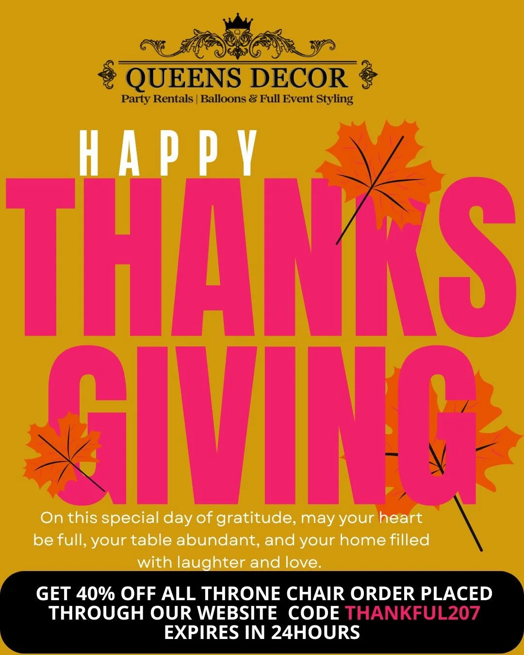✨ THANKSGIVING SALE
✨HAPPY THANKSGIVING FROM OUR FAMILY TO YOURS 

Need a throne for your next celebration? We have everything you need to create a magical event:

⭐ sit like royalty at your next event. Throne must be delivery for discount to apply!

