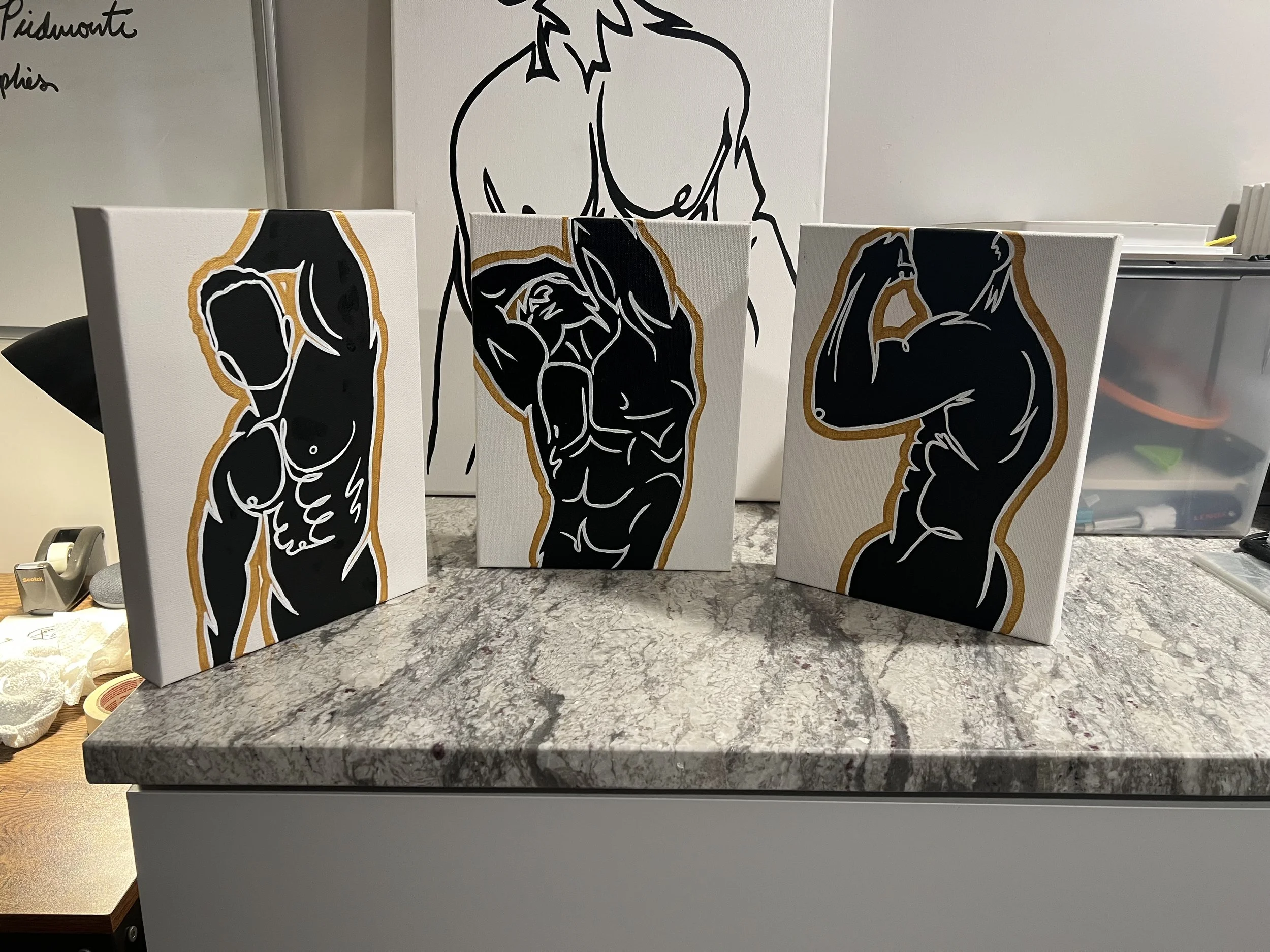 Custom black, white, & gold commission of previous drawings created. Message me if you would like something similar created. Each piece cost $100.