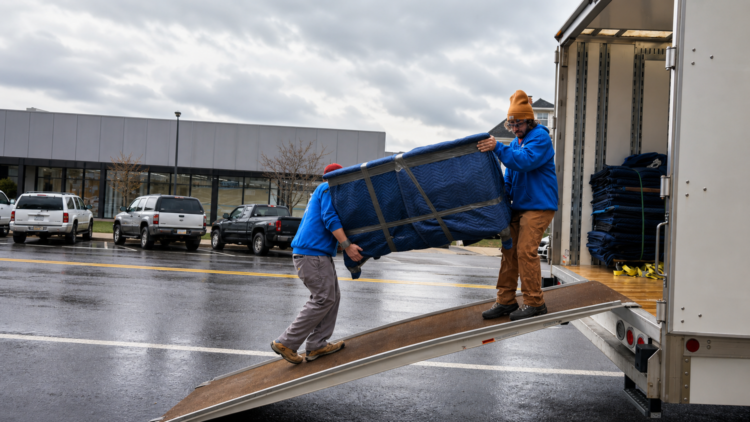 Movers loading a blanket-wrapped piece up a truck ramp