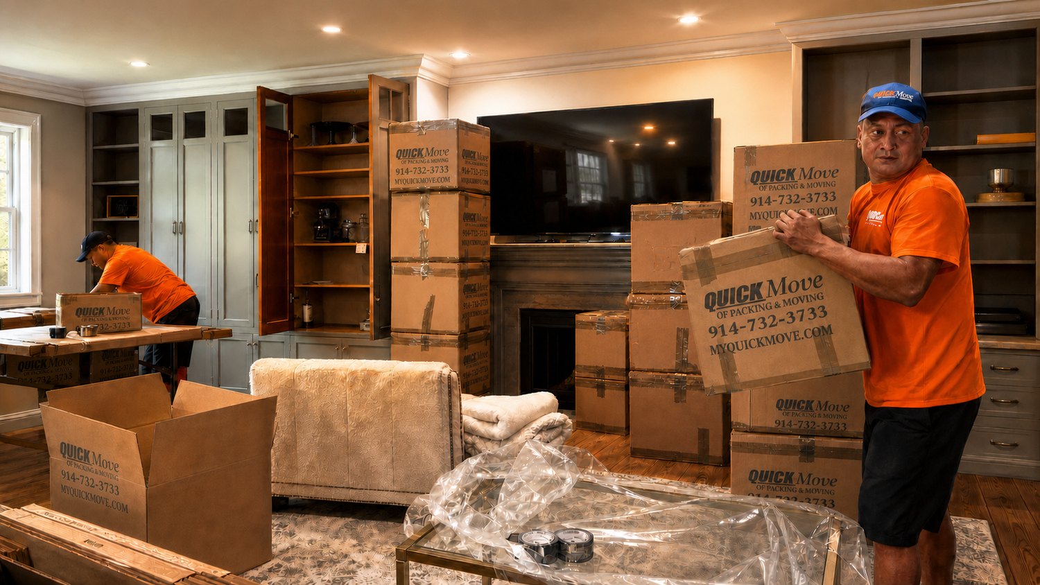 Quick Move crew packing a living room in Westchester