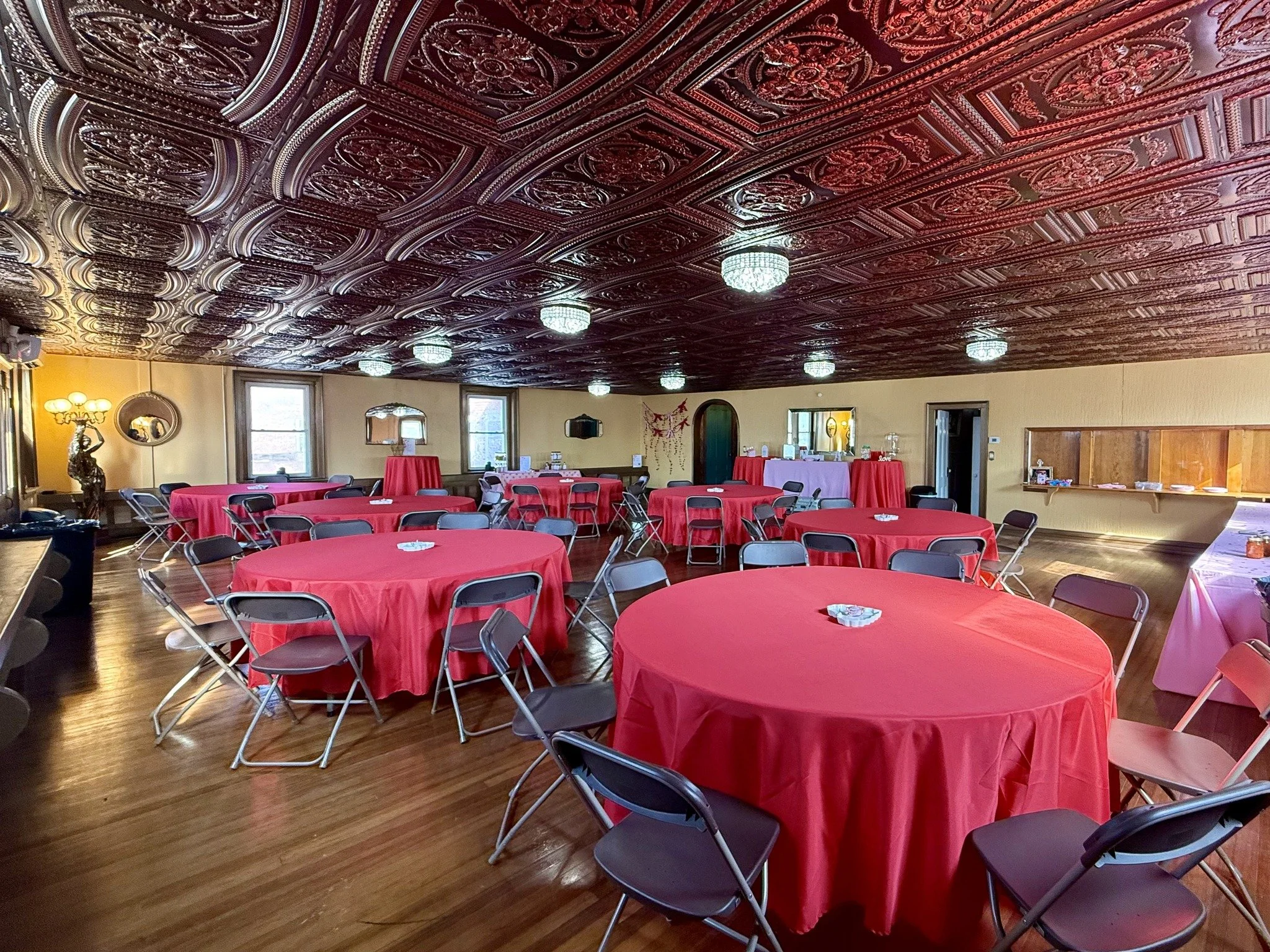Bridal shower setup in the Banquet Room at The Relic.