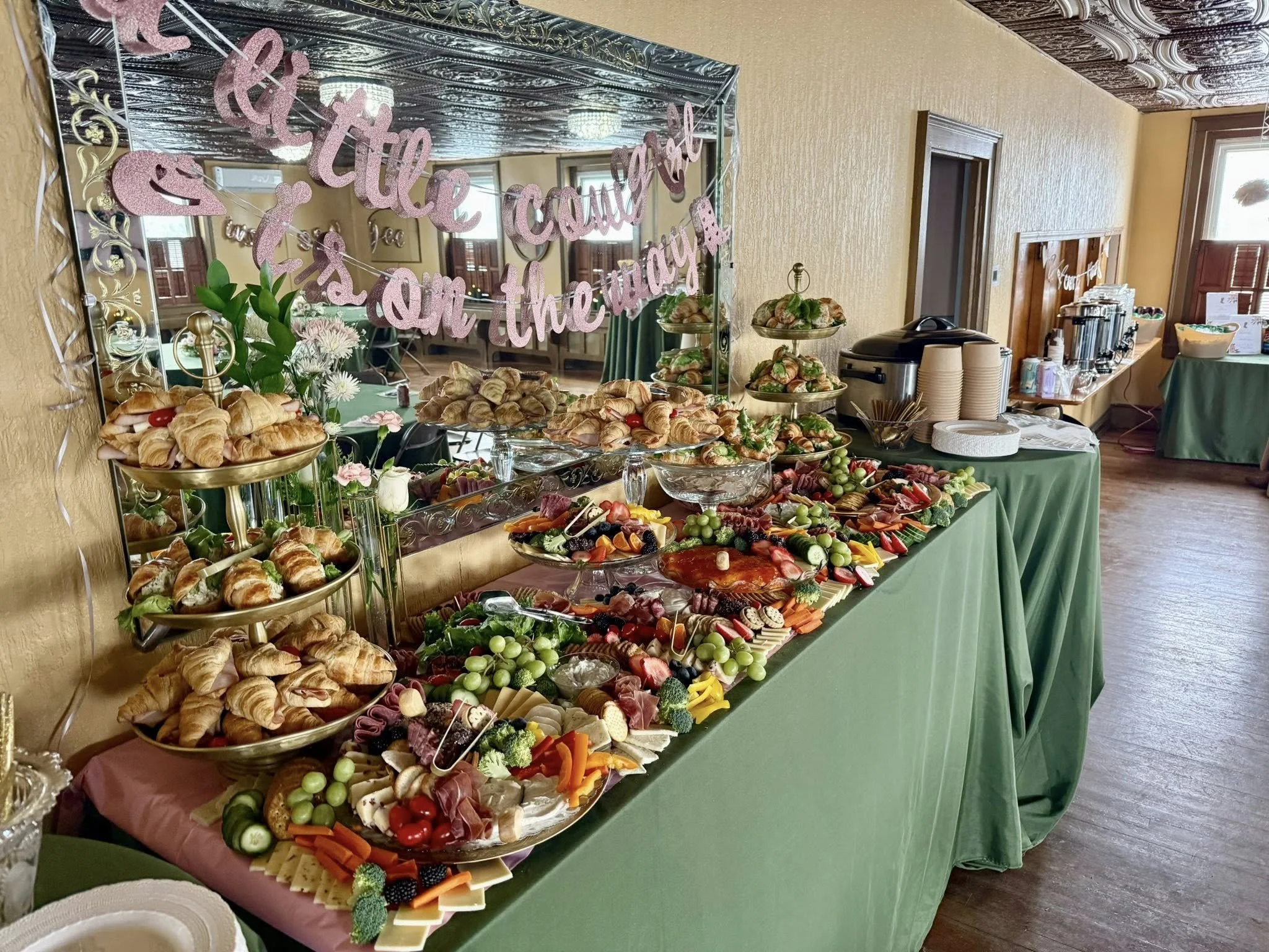 Charcuterie setup from Mount Rose Event Co. at a baby shower in the banquet room at The Relic.