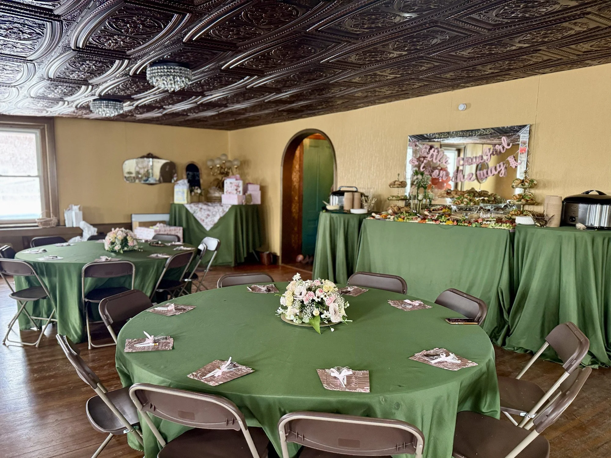 Charcuterie setup from Mount Rose Event Co. at a baby shower in the banquet room at The Relic.