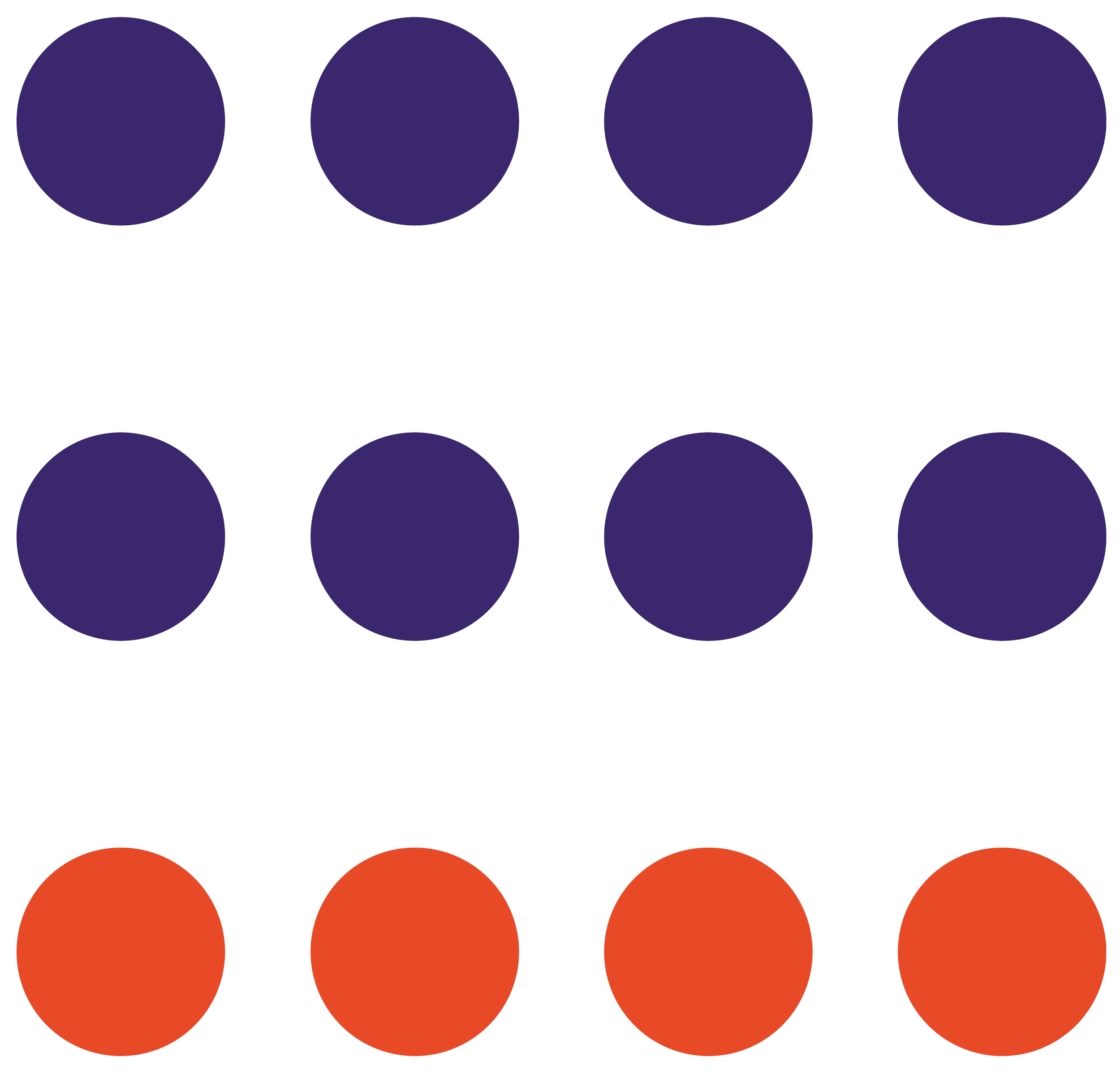 Un motif de cercles colorés alignés en plusieurs rangées, les premiers en violet, puis gris, et enfin orange.
