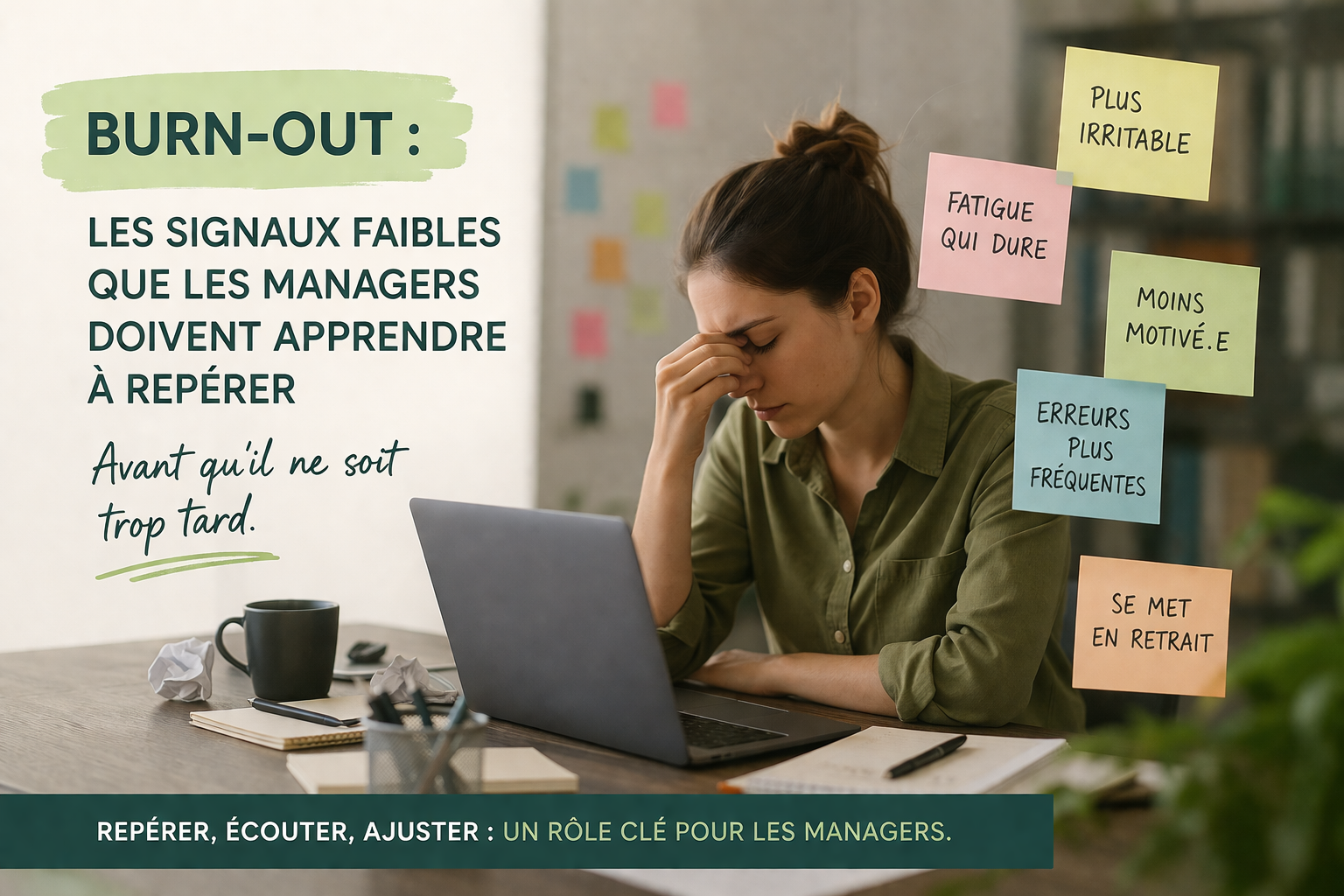 Une femme assise à un bureau avec des Post-it colorés collés autour, l'air stressé ou fatigué, en train de se tenir la tête avec la main, face à un ordinateur portable.