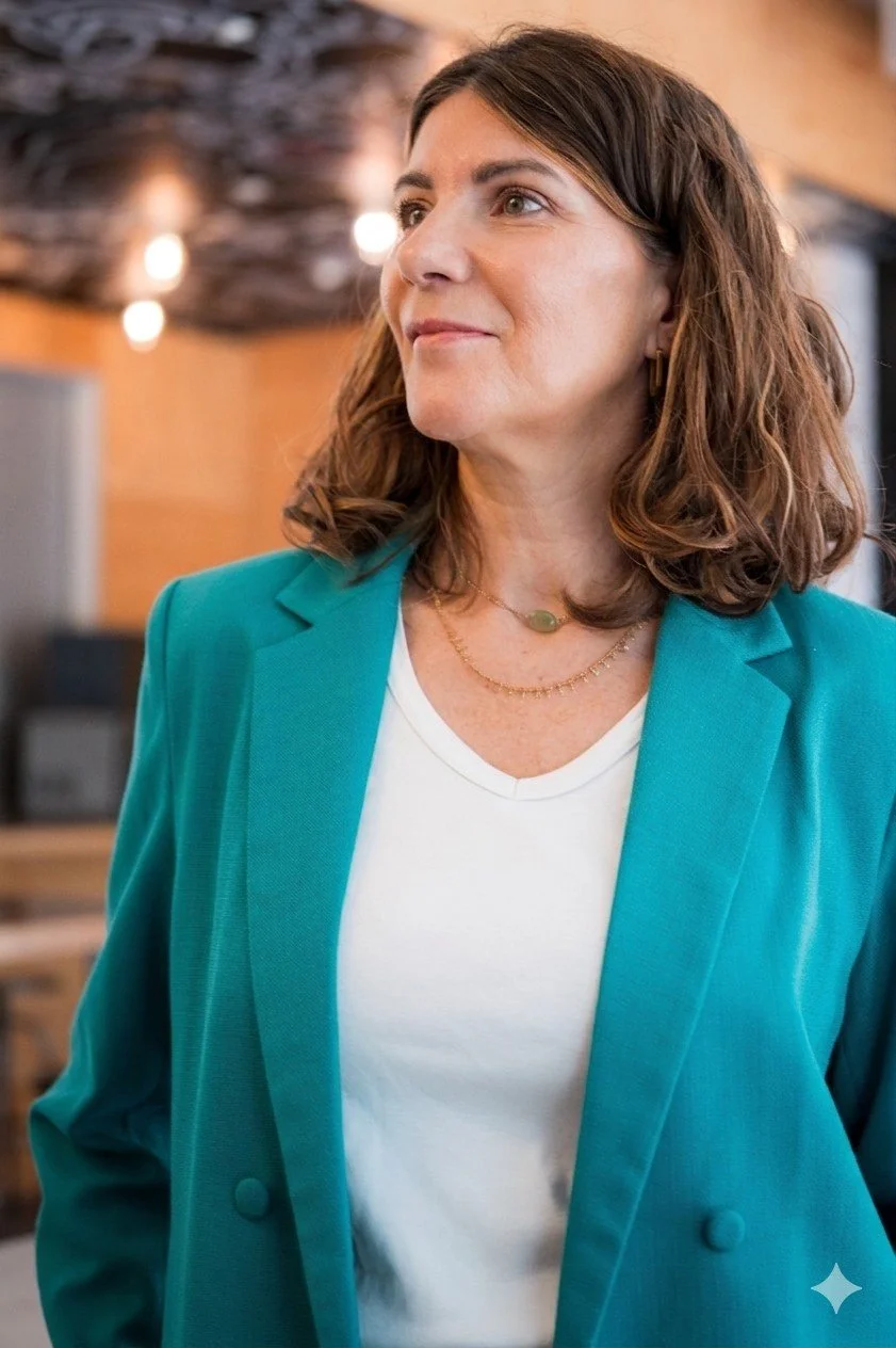 Femme avec cheveux bruns ondulés portant un blazer turquoise, une chemise blanche, des bijoux dorés, dans un environnement intérieur avec éclairage chaleureux.