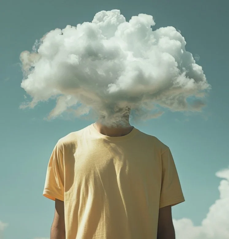 Person en t-shirt jaune avec une nuage à la place de la tête sur fond de ciel.
