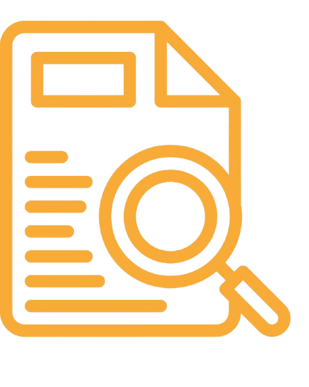 Icône orange représentant un document avec une loupe.