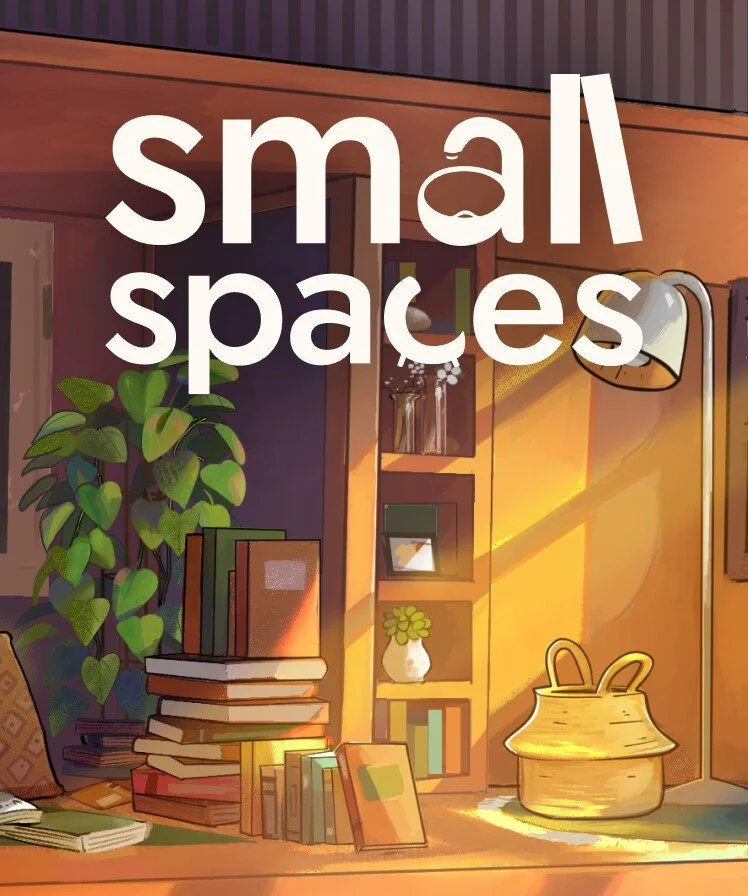 A small workspace with a desk, chair, plants, and window with panes, overlaid with the text 'Small Spaces'.