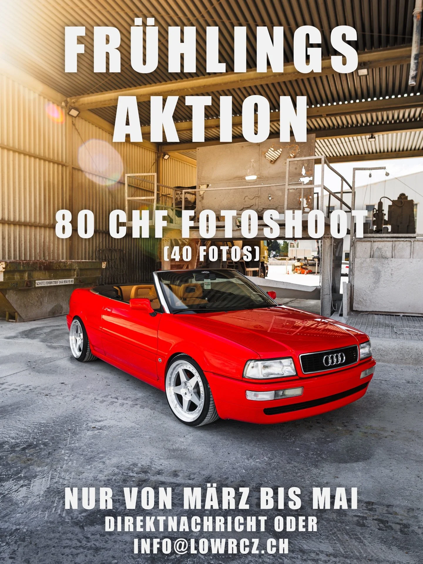 🌻FR&Uuml;HLINGSAKTION 🍃

Jetzt Termin vereinbaren und profitiere vom Aktionspreis von nur 80 Franken f&uuml;r deine n&auml;chste Fotosession!

- Fahrzeug 🚗 oder Motorrad 🏍️ 
- Mindestens 40 Fotos 📸
- Von M&auml;rz bis 31. Mai 🗓️ 

Schreibe uns 