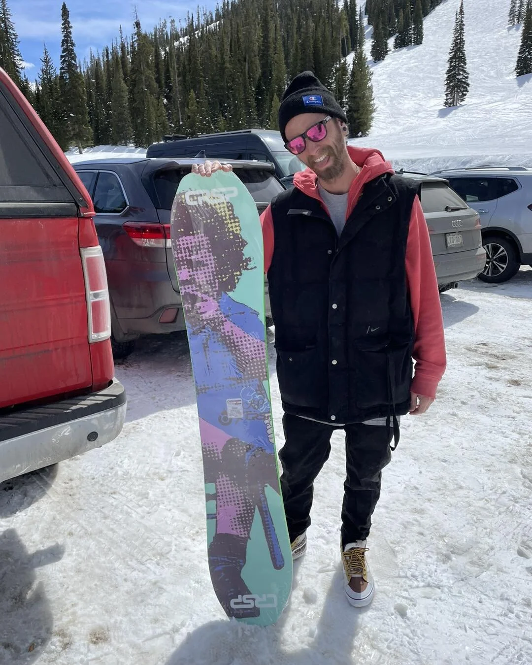 Hansen Brown is so excited about his new custom board. The 156 true twin with flat to rocker profile and paulownia core is going to have this guy cheesing!
