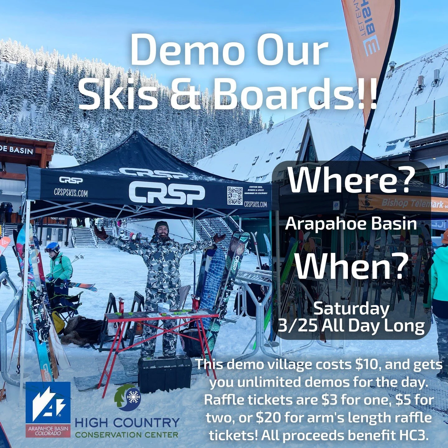 Join us and many others this Saturday (3/25) at the @arapahoe_basin Save Our Snow Event! Demo passes and raffle tickets can be purchased at the base. Proceeds from the Save Our Snow event will benefit the High County Conservation Center (HC3), a Fris